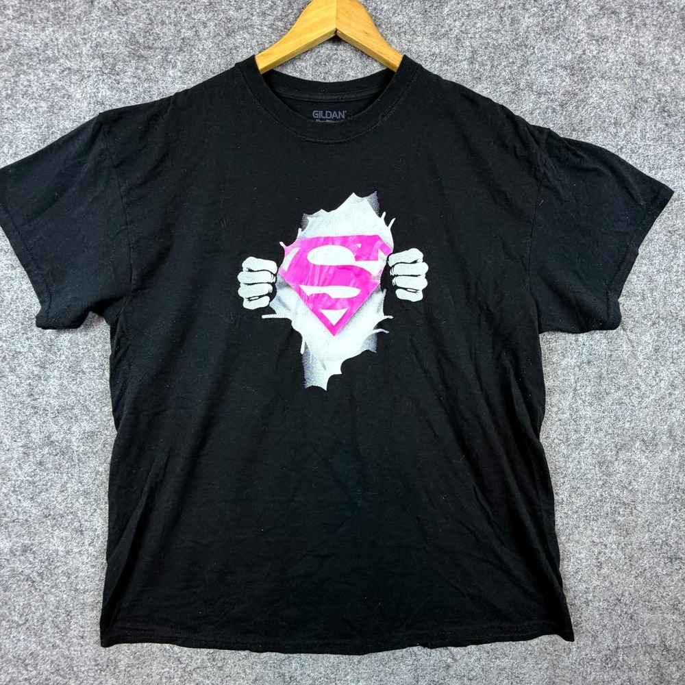 Superman Breast Cancer Awareness Gildan T-Shirt‎ Mens XL Black Support Fighters
